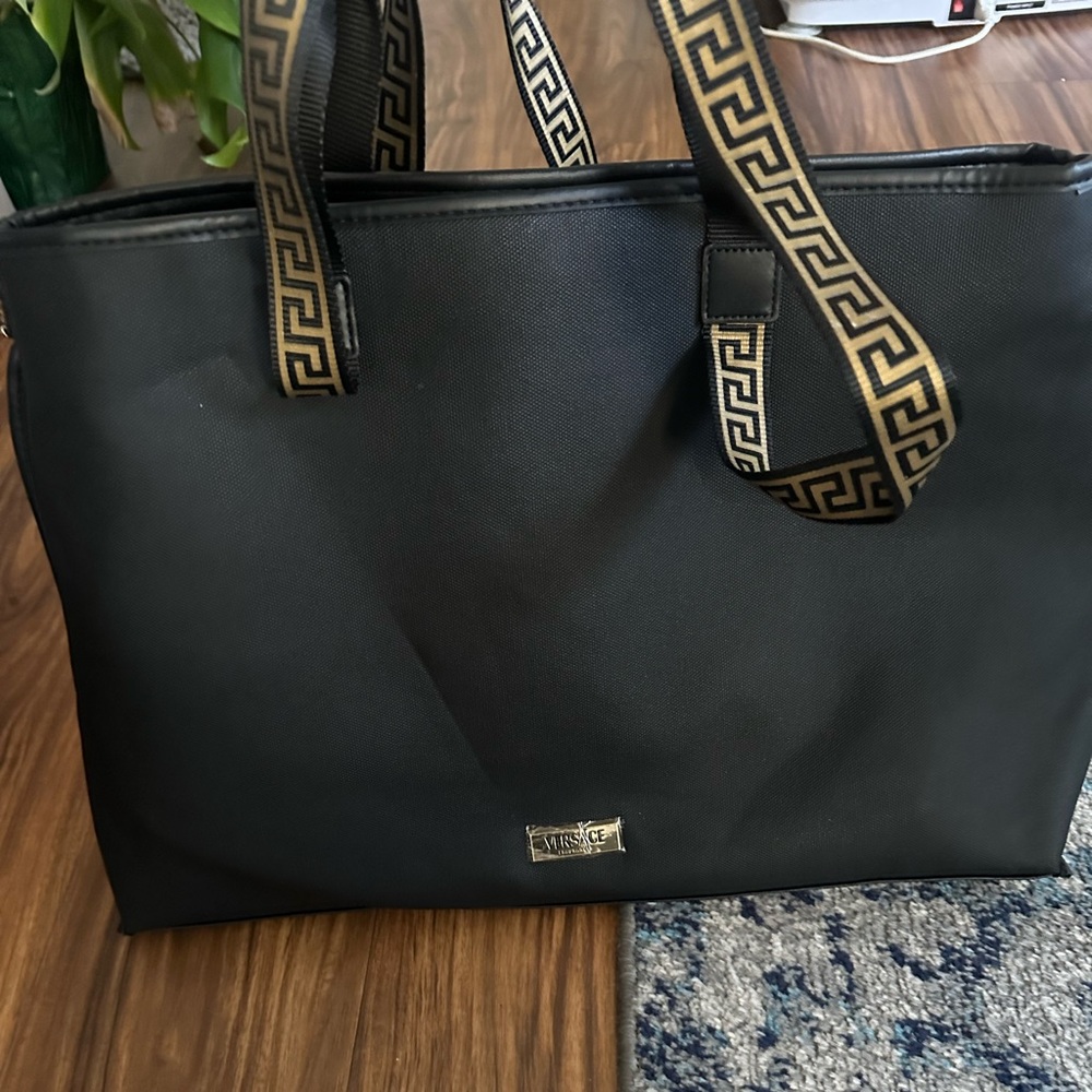 Versace Black Tote with Gold Greek Key Straps